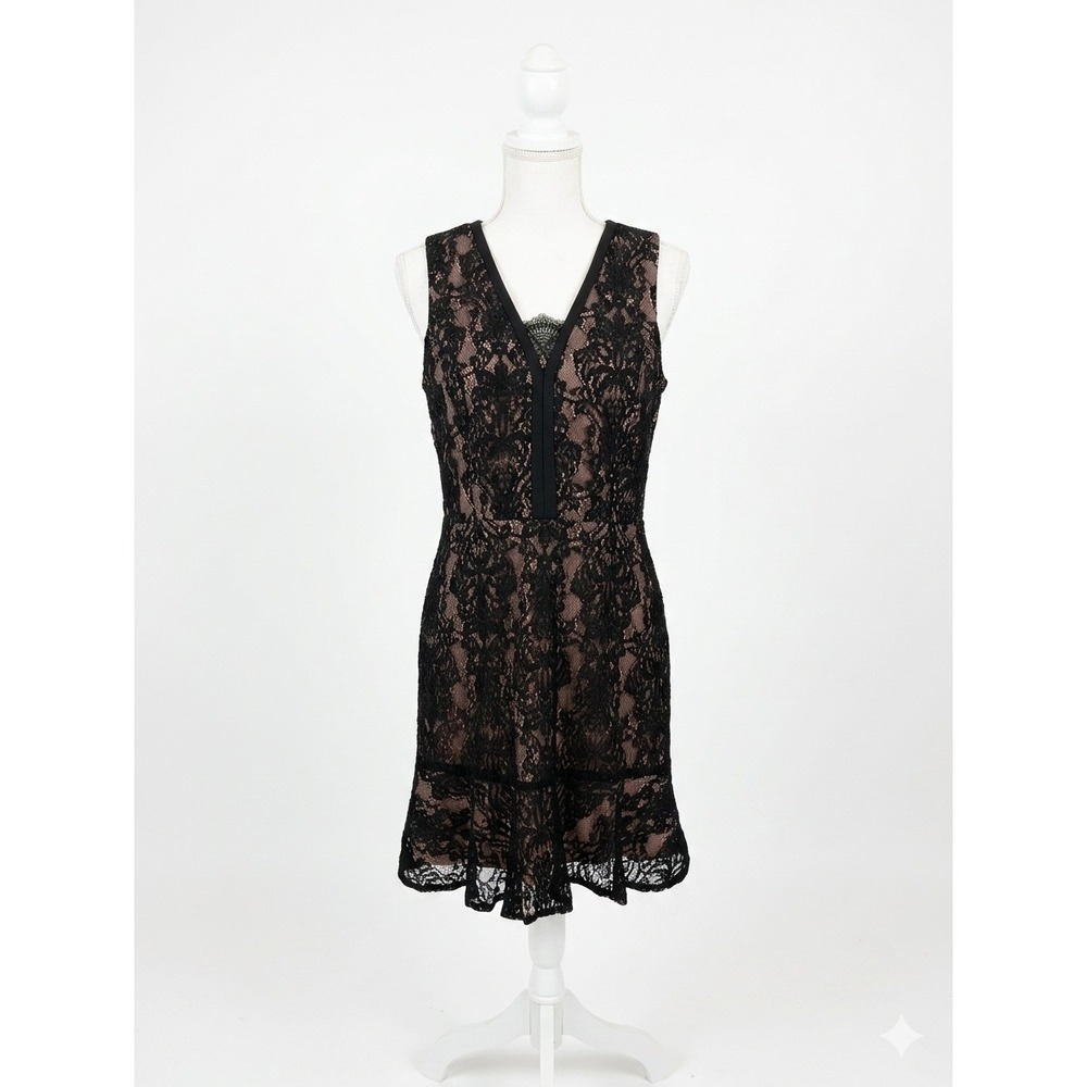 Adelyn Rae Black Lace V-Neck Fit and Flare Cocktail Dress Blush Pink Lining XS